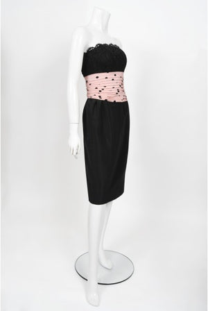 1988 Chanel by Karl Lagerfeld Black Lace & Pink Polka-Dot Silk Dress