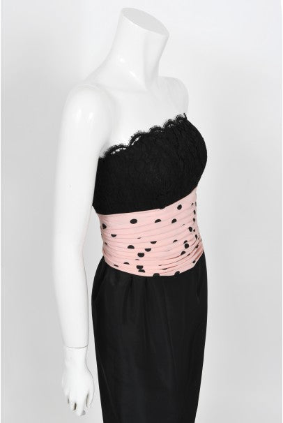 1988 Chanel by Karl Lagerfeld Black Lace & Pink Polka-Dot Silk Dress