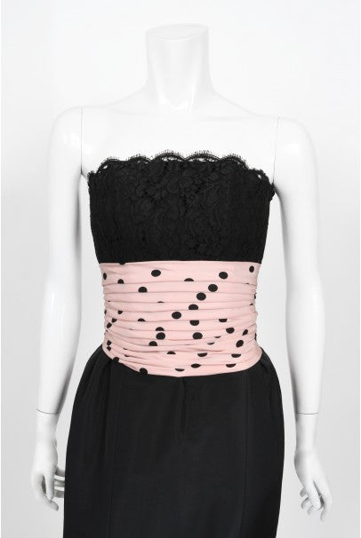 1988 Chanel by Karl Lagerfeld Black Lace & Pink Polka-Dot Silk Dress