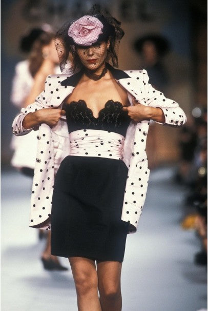 1988 Chanel by Karl Lagerfeld Black Lace & Pink Polka-Dot Silk Dress