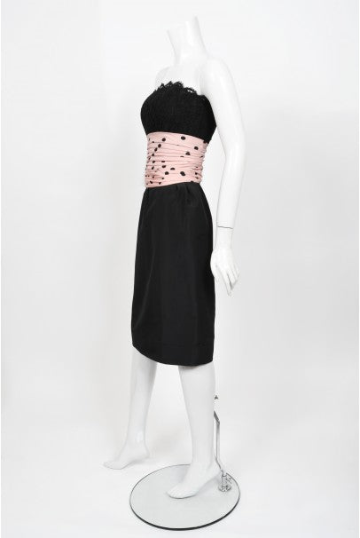1988 Chanel by Karl Lagerfeld Black Lace & Pink Polka-Dot Silk Dress