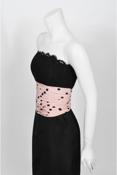 1988 Chanel by Karl Lagerfeld Black Lace & Pink Polka-Dot Silk Dress