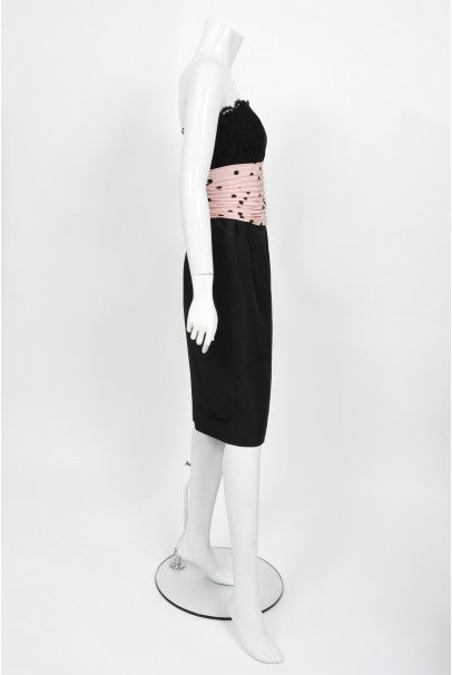 1988 Chanel by Karl Lagerfeld Black Lace & Pink Polka-Dot Silk Dress