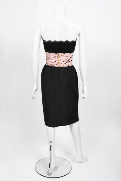 1988 Chanel by Karl Lagerfeld Black Lace & Pink Polka-Dot Silk Dress