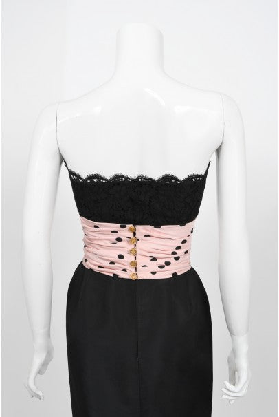 1988 Chanel by Karl Lagerfeld Black Lace & Pink Polka-Dot Silk Dress