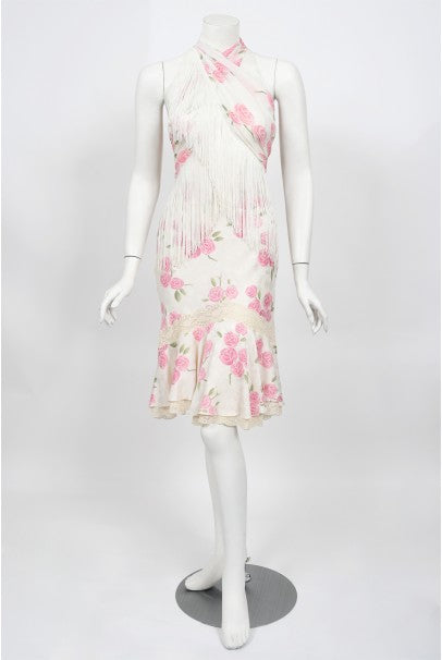 1999 Christian Dior by Galliano Pink Roses Silk Lace Bias-Cut Skirt Set