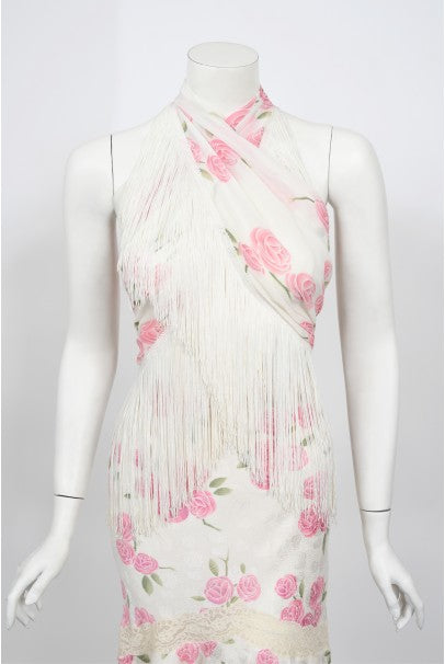 1999 Christian Dior by Galliano Pink Roses Silk Lace Bias-Cut Skirt Set