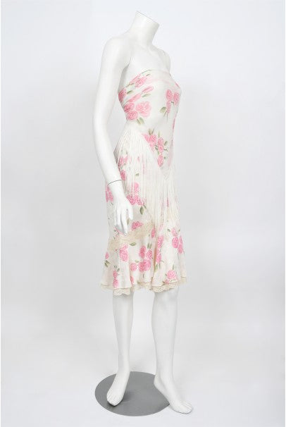 1999 Christian Dior by Galliano Pink Roses Silk Lace Bias-Cut Skirt Set