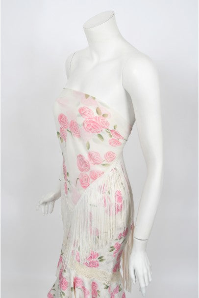 1999 Christian Dior by Galliano Pink Roses Silk Lace Bias-Cut Skirt Set
