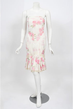 1999 Christian Dior by Galliano Pink Roses Silk Lace Bias-Cut Skirt Set