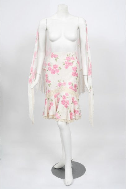 1999 Christian Dior by Galliano Pink Roses Silk Lace Bias-Cut Skirt Set