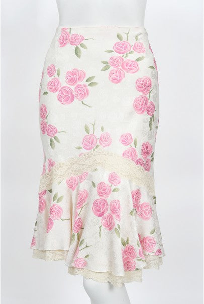 1999 Christian Dior by Galliano Pink Roses Silk Lace Bias-Cut Skirt Set