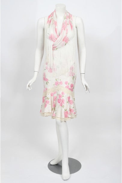 1999 Christian Dior by Galliano Pink Roses Silk Lace Bias-Cut Skirt Set