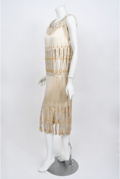 cream beaded flapper dress BABEYOND Round Handmade Beaded Neck Short Flapper Costumes, Gorgeous 1920s Fashion Bridesmaid Dress, Champagne, Size 6