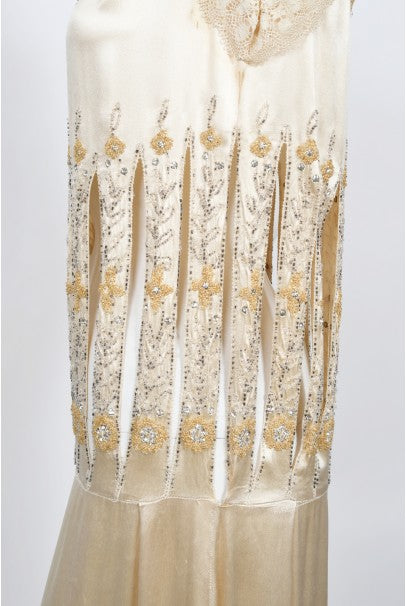 1920s Beaded Rhinestone Cream Silk Birdcage Cut-Out Fringe Flapper Dre - Timeless Vixen 1920s Beaded Rhinestone Cream Silk Birdcage Cut-Out Fringe Flapper Dre - Timeless Vixen