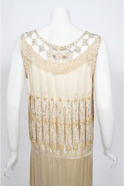 1920s Beaded Rhinestone Cream Silk Birdcage Cut-Out Fringe Flapper Dre - Timeless Vixen 1920s Beaded Rhinestone Cream Silk Birdcage Cut-Out Fringe Flapper Dre - Timeless Vixen