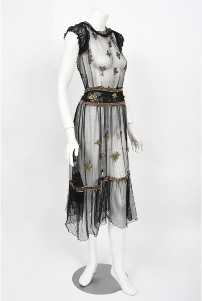 1930&#39;s Bette Davis Owned Couture Old Hollywood Sheer Beaded Silk Dress