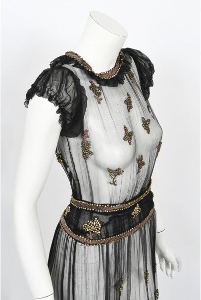 1930&#39;s Bette Davis Owned Couture Old Hollywood Sheer Beaded Silk Dress