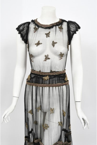 1930&#39;s Bette Davis Owned Couture Old Hollywood Sheer Beaded Silk Dress