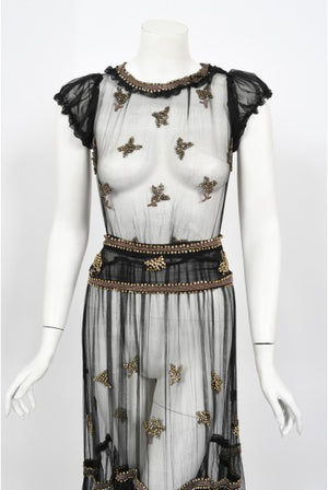 1930's Bette Davis Owned Couture Old Hollywood Sheer Beaded Silk Dress