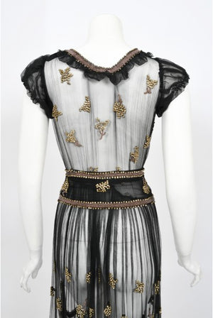 1930's Bette Davis Owned Couture Old Hollywood Sheer Beaded Silk Dress