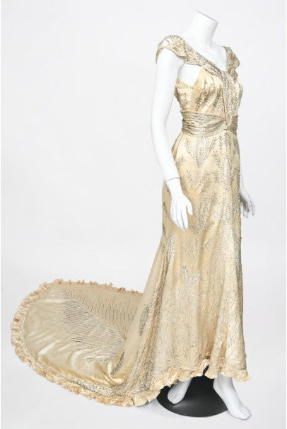 1930's Beaded Rhinestone Candlelight Silk Trained Old Hollywood Gown