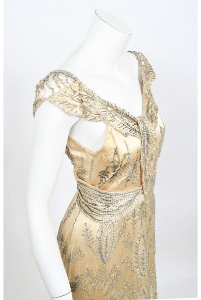 1930&#39;s Beaded Rhinestone Candlelight Silk Trained Old Hollywood Gown