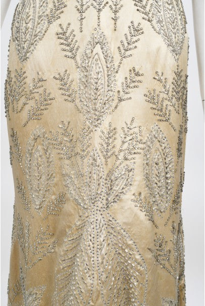 1930&#39;s Beaded Rhinestone Candlelight Silk Trained Old Hollywood Gown