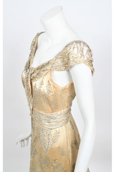 1930&#39;s Beaded Rhinestone Candlelight Silk Trained Old Hollywood Gown