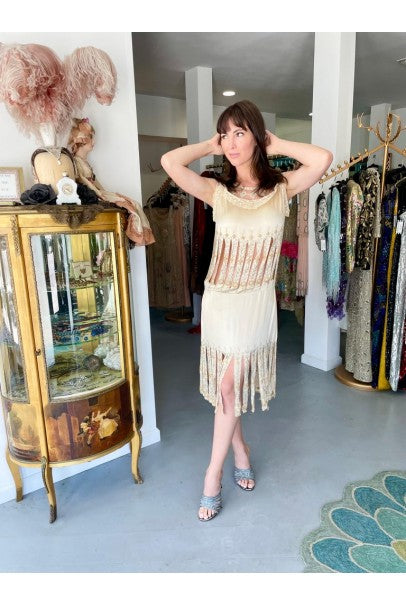 1920s Beaded Rhinestone Cream Silk Birdcage Cut-Out Fringe Flapper Dress 1920s Beaded Rhinestone Cream Silk Birdcage Cut-Out Fringe Flapper Dress