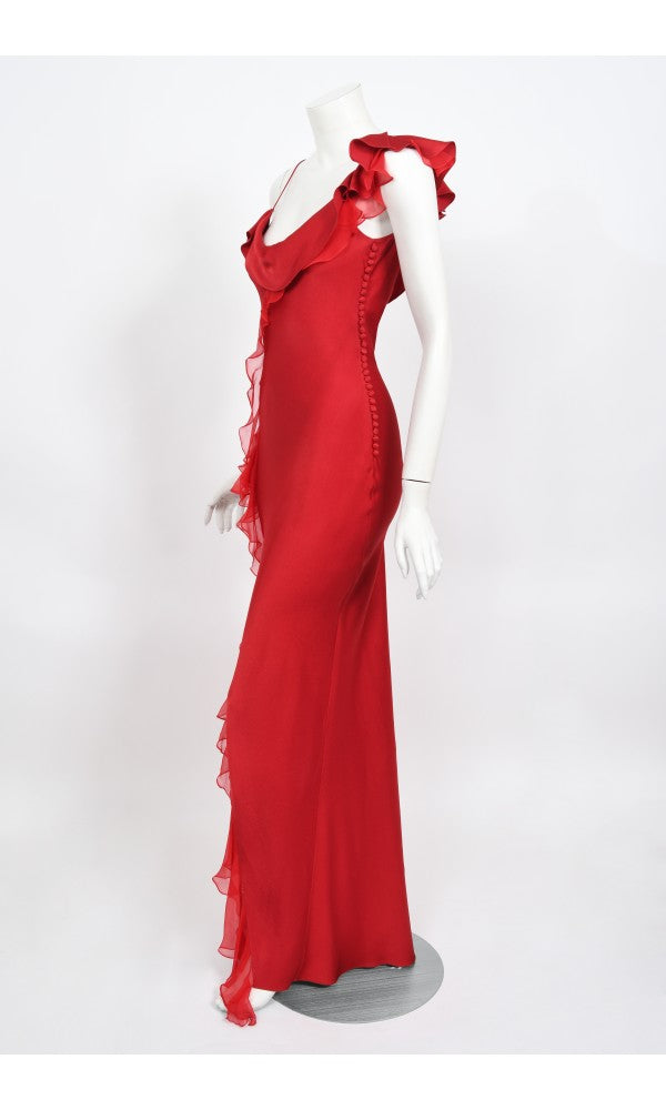 2003 Christian Dior by John Galliano Ruby Red Silk Bias-Cut Ruffle Gown