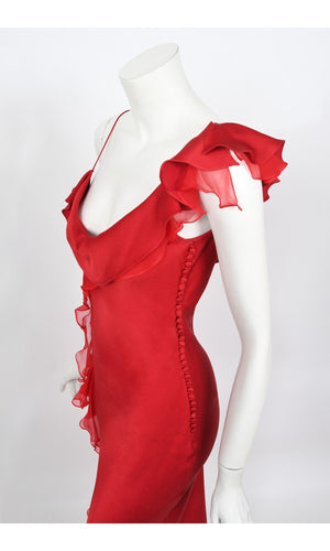 2003 Christian Dior by John Galliano Ruby Red Silk Bias-Cut Ruffle Gown