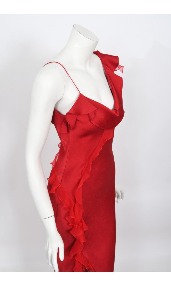 2003 Christian Dior by John Galliano Ruby Red Silk Bias-Cut Ruffle Gown