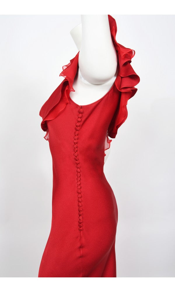 2003 Christian Dior by John Galliano Ruby Red Silk Bias-Cut Ruffle Gow - Timeless Vixen 2003 Christian Dior by John Galliano Ruby Red Silk Bias-Cut Ruffle Gow - Timeless Vixen