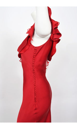 2003 Christian Dior by John Galliano Ruby Red Silk Bias-Cut Ruffle Gown