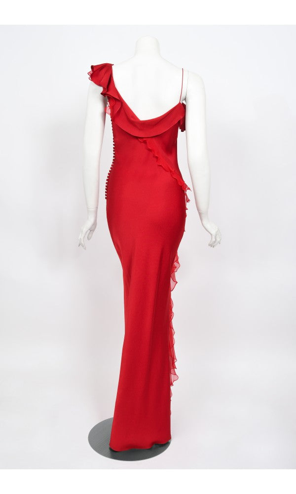2003 Christian Dior by John Galliano Ruby Red Silk Bias-Cut Ruffle Gown