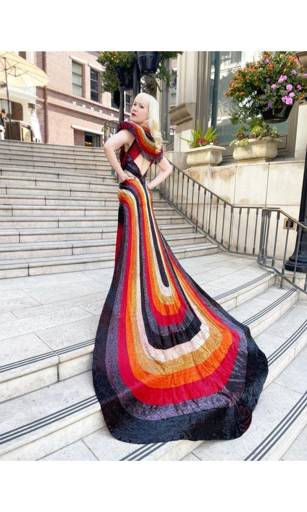 1970s Epic Fully Beaded Couture Backless Bias-Cut Trained Gown Ensemble