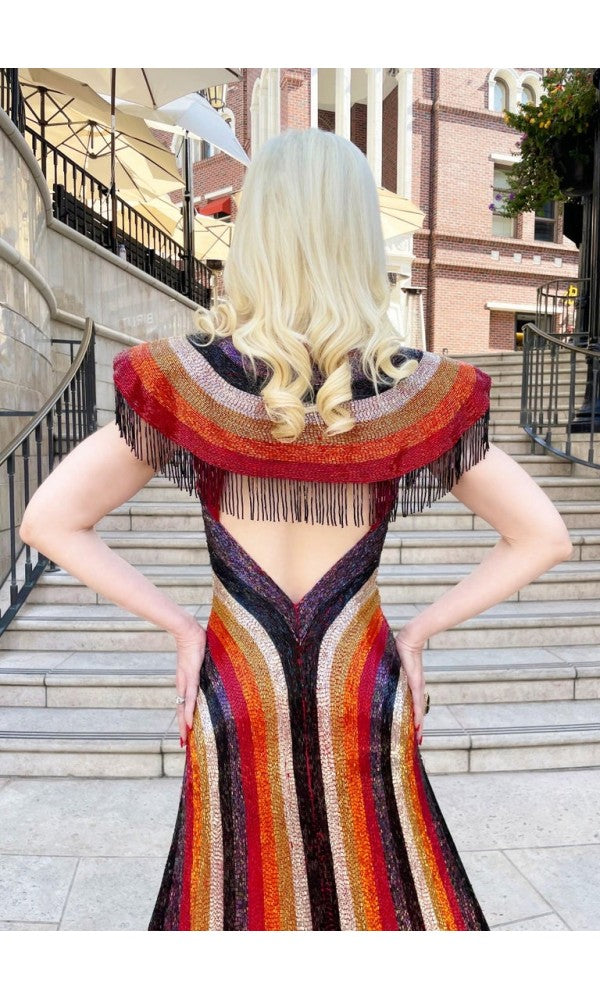 1970s Epic Fully Beaded Couture Backless Bias-Cut Trained Gown Ensemble