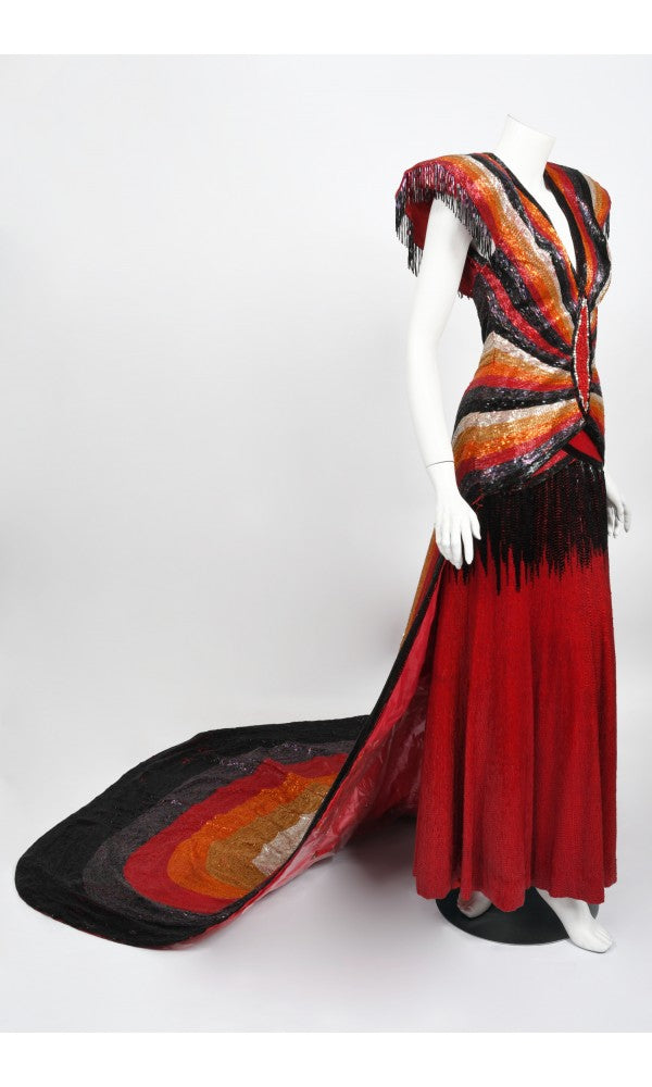 1970s Epic Fully Beaded Couture Backless Bias-Cut Trained Gown Ensemble