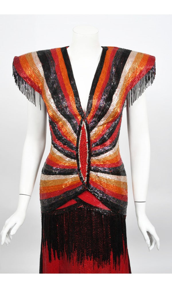 1970s Epic Fully Beaded Couture Backless Bias-Cut Trained Gown Ensemble