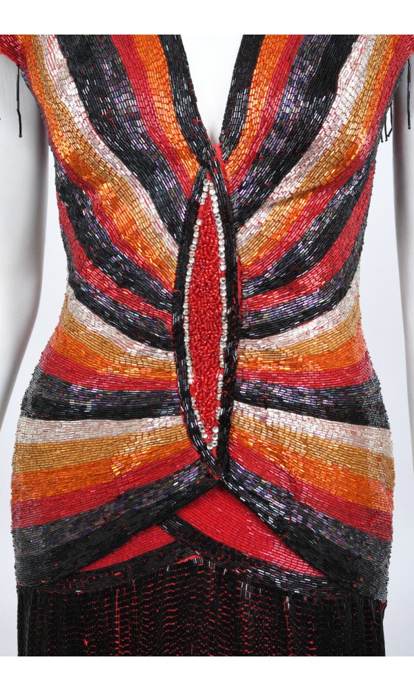 1970s Epic Fully Beaded Couture Backless Bias-Cut Trained Gown Ensemble