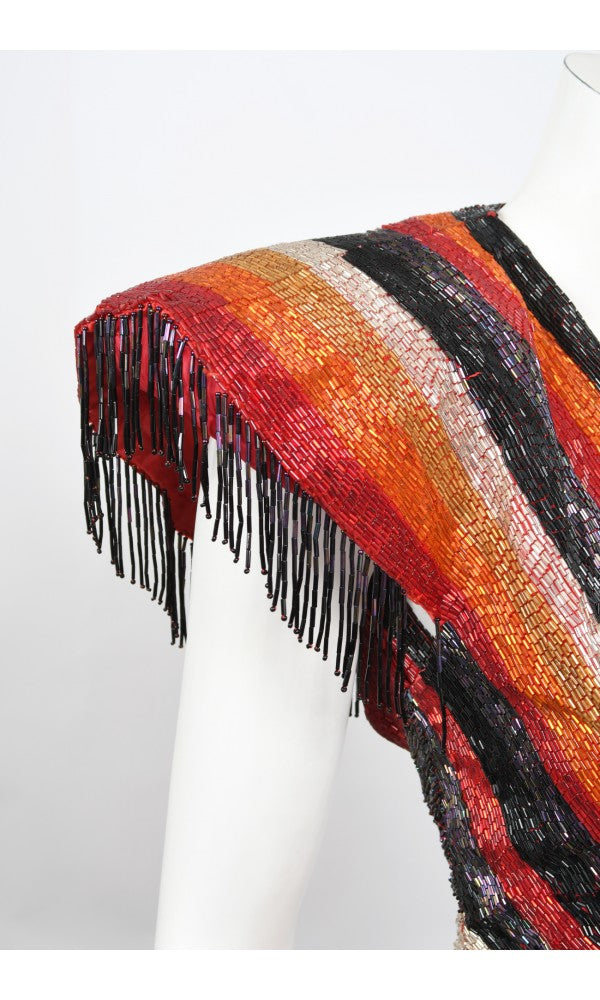 1970s Epic Fully Beaded Couture Backless Bias-Cut Trained Gown Ensemble