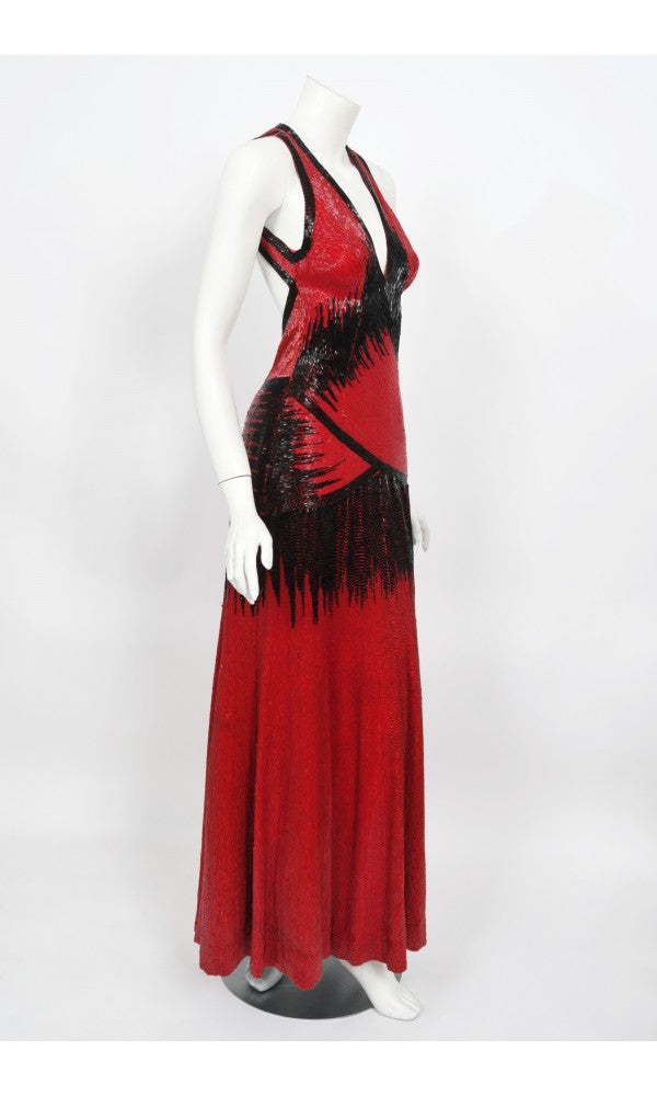 1970s Epic Fully Beaded Couture Backless Bias-Cut Trained Gown Ensemble