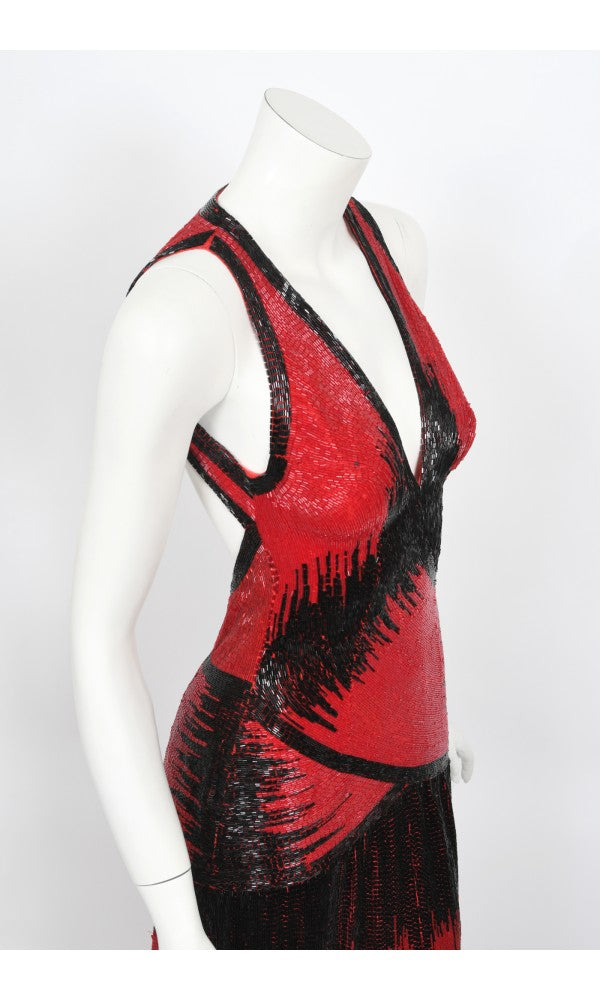 1970s Epic Fully Beaded Couture Backless Bias-Cut Trained Gown Ensemble