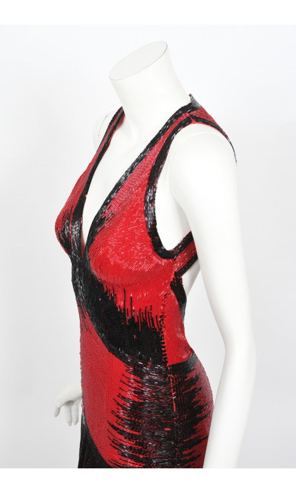 1970s Epic Fully Beaded Couture Backless Bias-Cut Trained Gown Ensemble