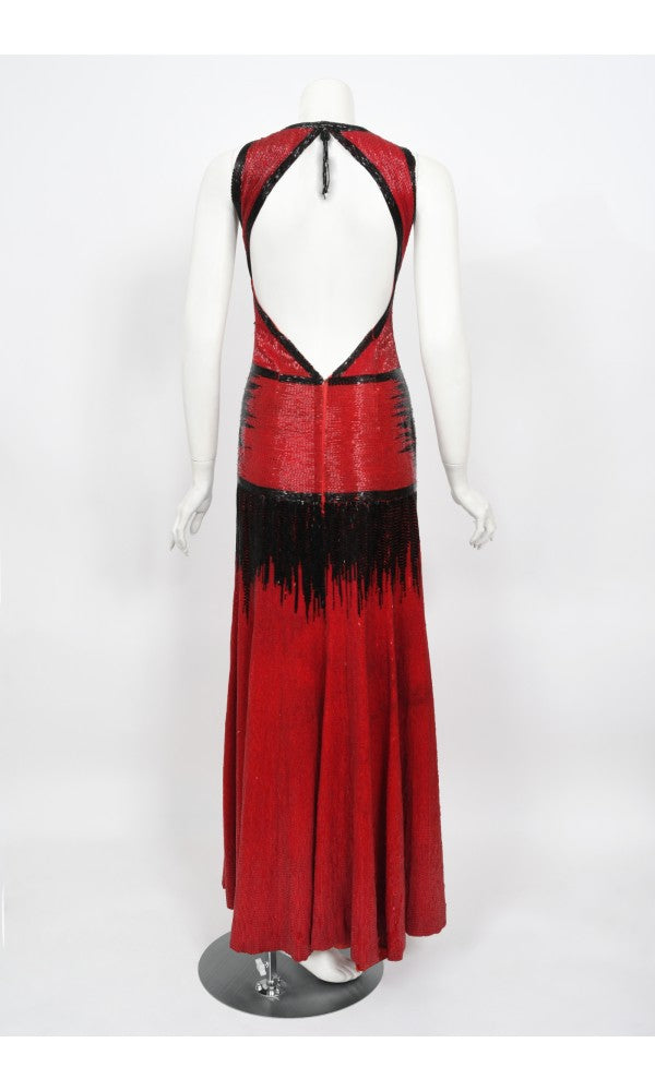 1970s Epic Fully Beaded Couture Backless Bias-Cut Trained Gown Ensemble