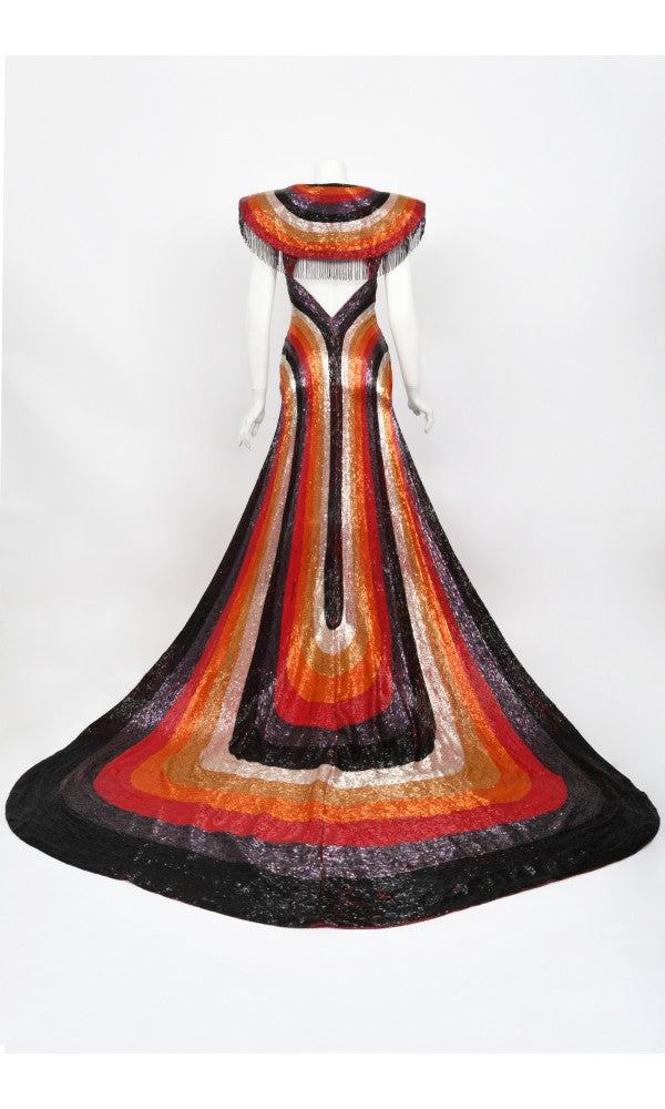 1970s Epic Fully Beaded Couture Backless Bias-Cut Trained Gown Ensemble