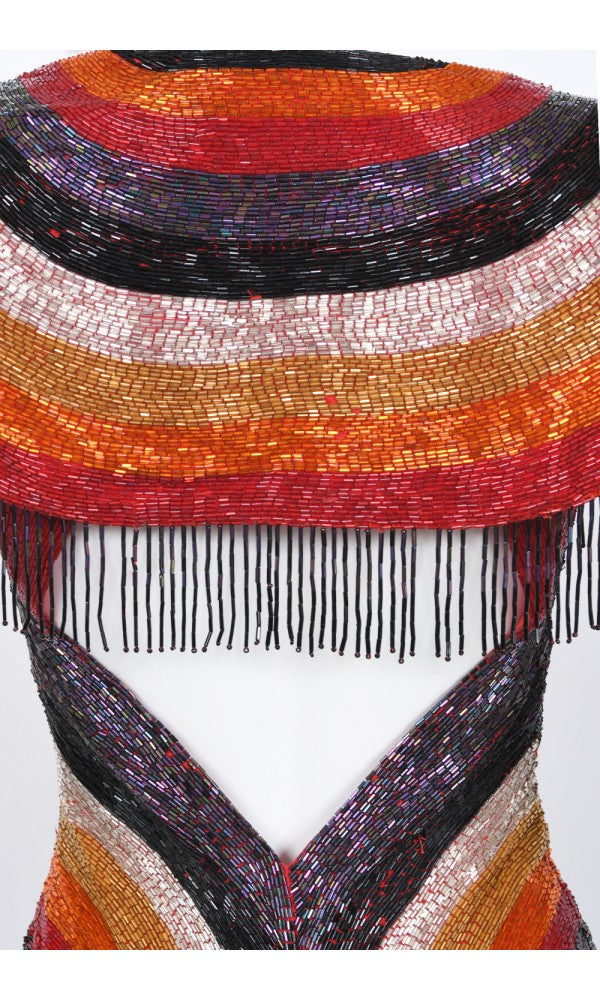 1970s Epic Fully Beaded Couture Backless Bias-Cut Trained Gown Ensemble