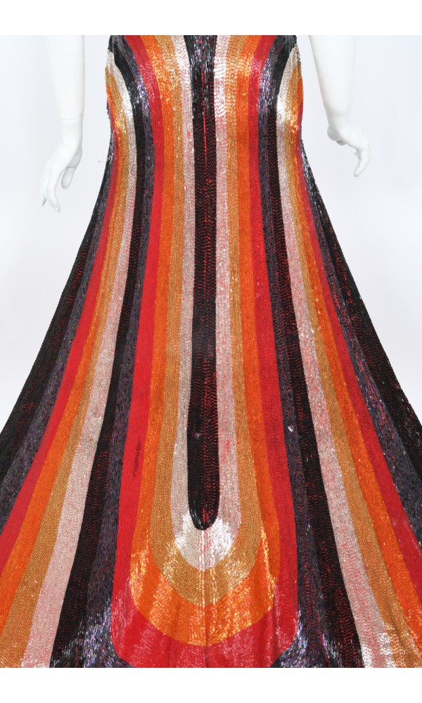 1970s Epic Fully Beaded Couture Backless Bias-Cut Trained Gown Ensemble