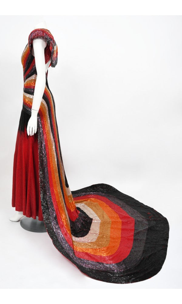 1970s Epic Fully Beaded Couture Backless Bias-Cut Trained Gown Ensemble